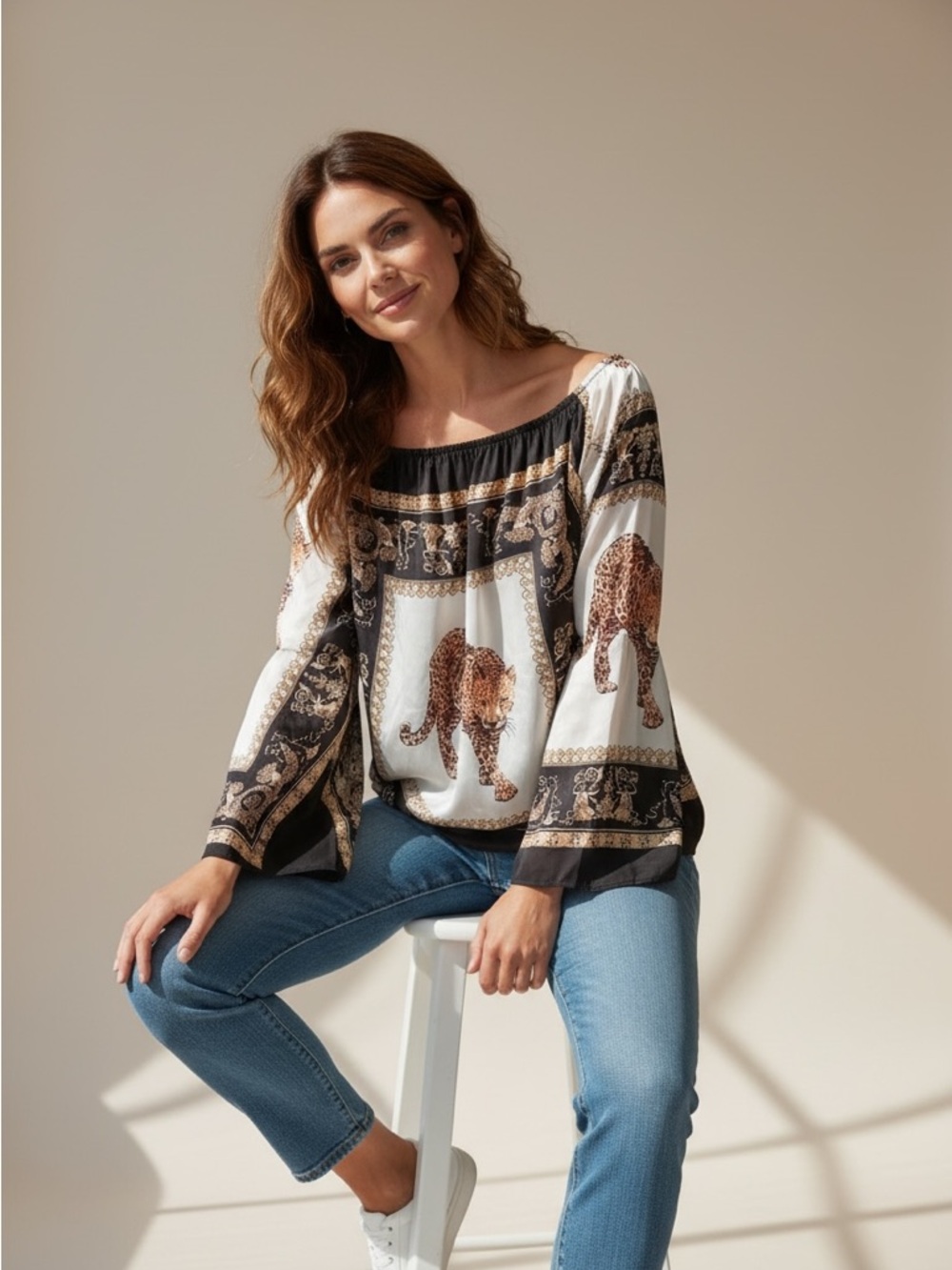 SHEIN Black, White & Brown Leopard Print Peasant‎ Blouse